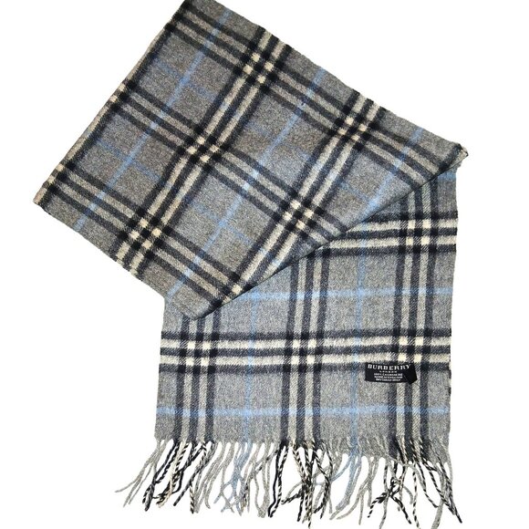 Vintage Burberry Gray Light Blue Black Plaid Fall Winter Luxury Outdoor Scarf